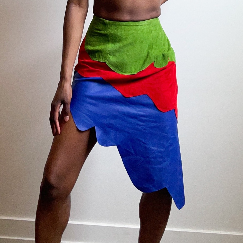 Green, red, and Blue asymmetrical suede/leather skirt